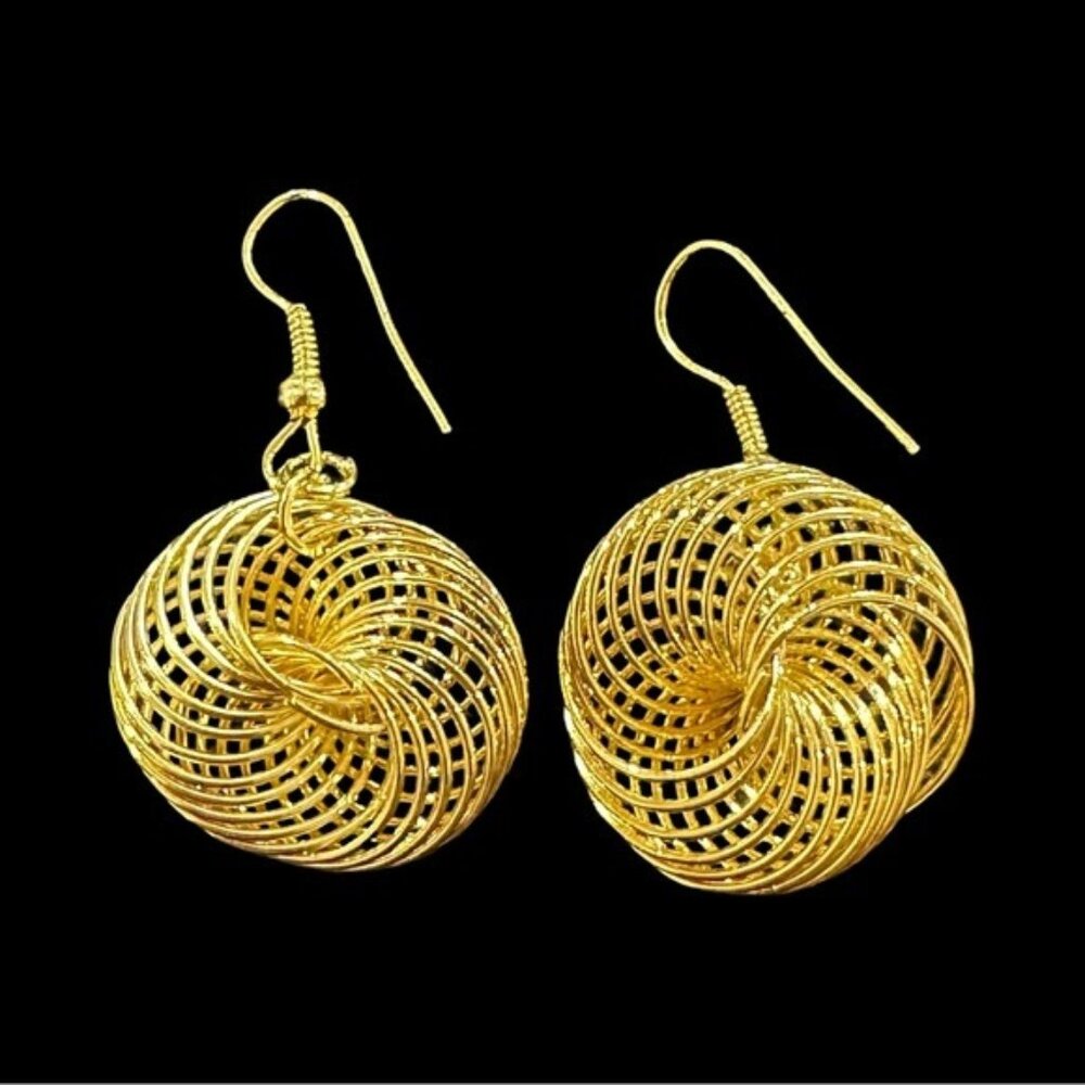 Handcrafted Gold-Tone Wire Spiral Dangle Earrings With Fish Hook Backs